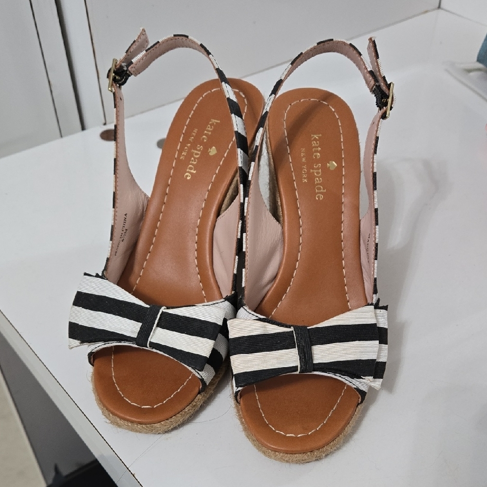 kate spade Black & White Striped Bow Slingback Wedge Sandals